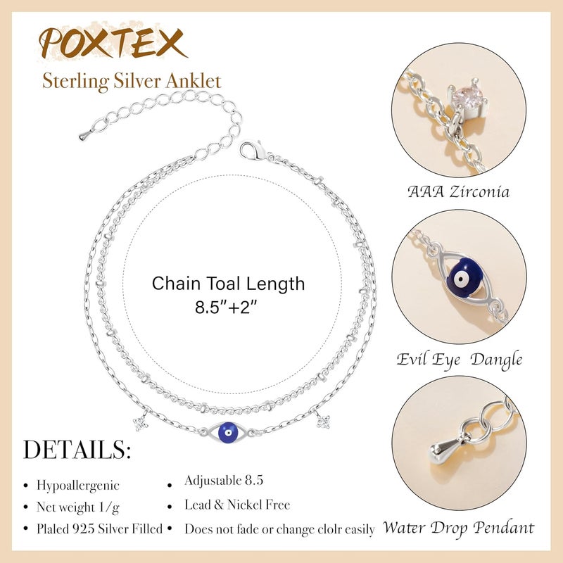 Poxtex Sterling Silver Anklet Bracelets for Women Waterproof, 925 Sliver Plated CZ & Heart Charm Dainty Layer Anklets for Women Trendy, Simple Chain Anklets Set Gifts for Women, Mother Day Jewelry Gifts for Her Women Mom Wife Girlfriend - Image 4